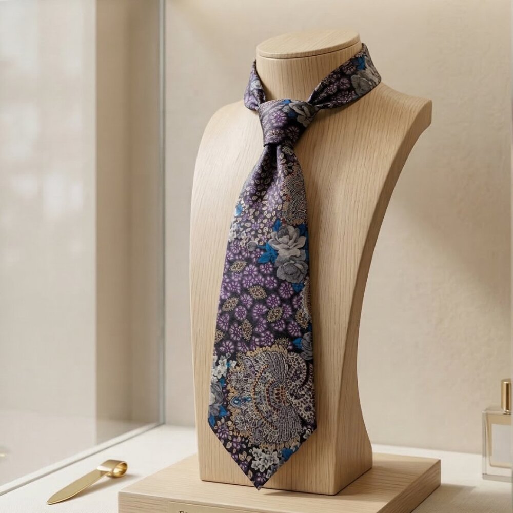 Vintage Pierre Cardin Paris 100% Silk Luxury Tie Floral Paisley Purple Blue Gray